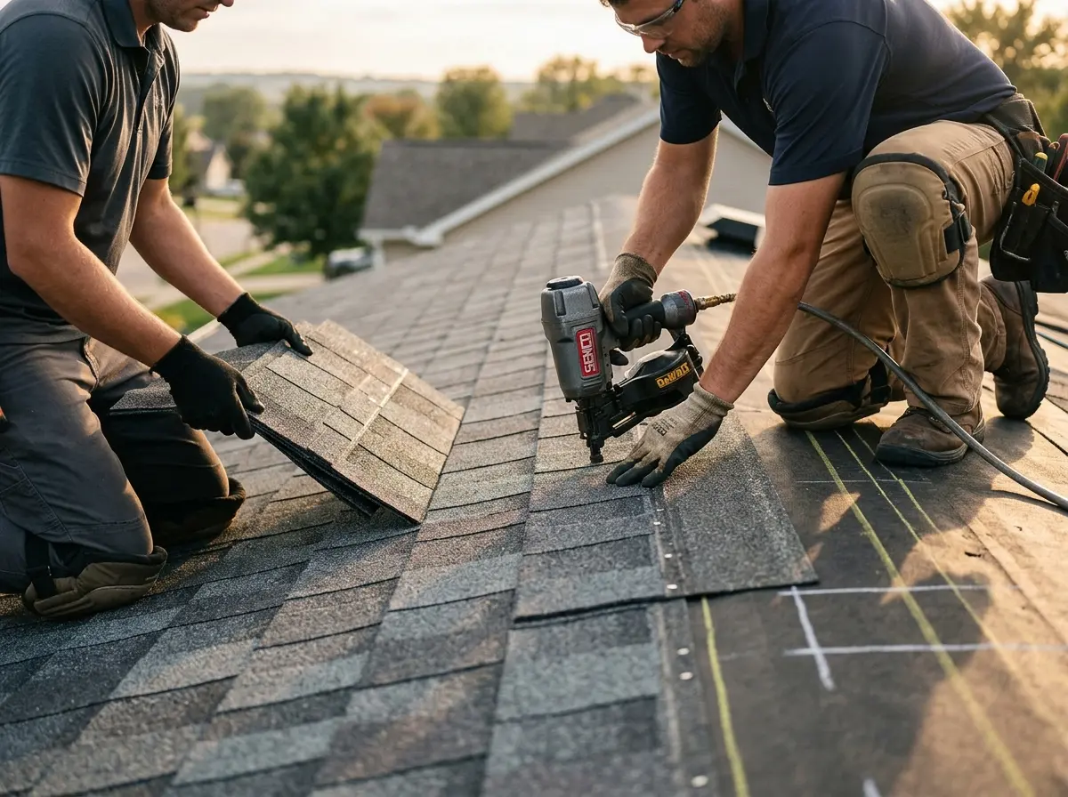 Professional roofer working on a residential roof in Lander